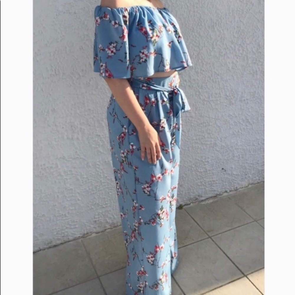 Blue and Pink Floral Crop Top and Pant Set